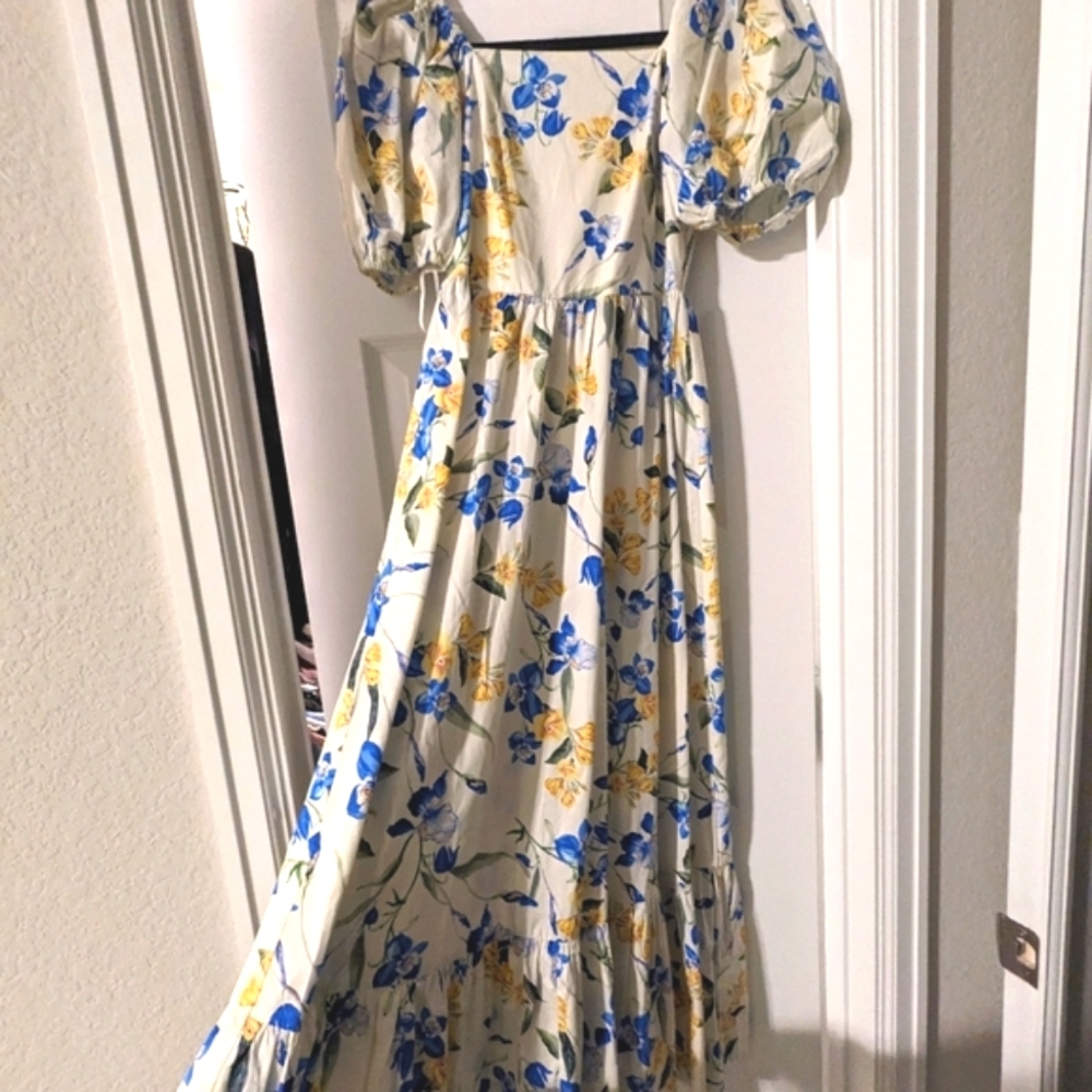 Express puff sleeve poplin square neck tiered dress, size XS